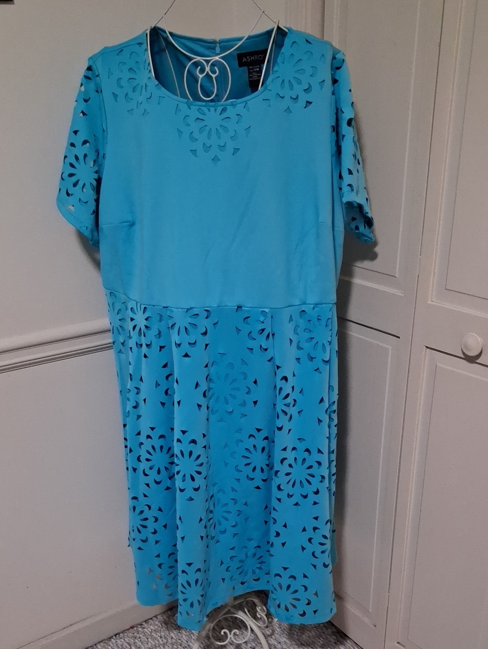 Ashro Turquoise Laser-Cut Midi Dress